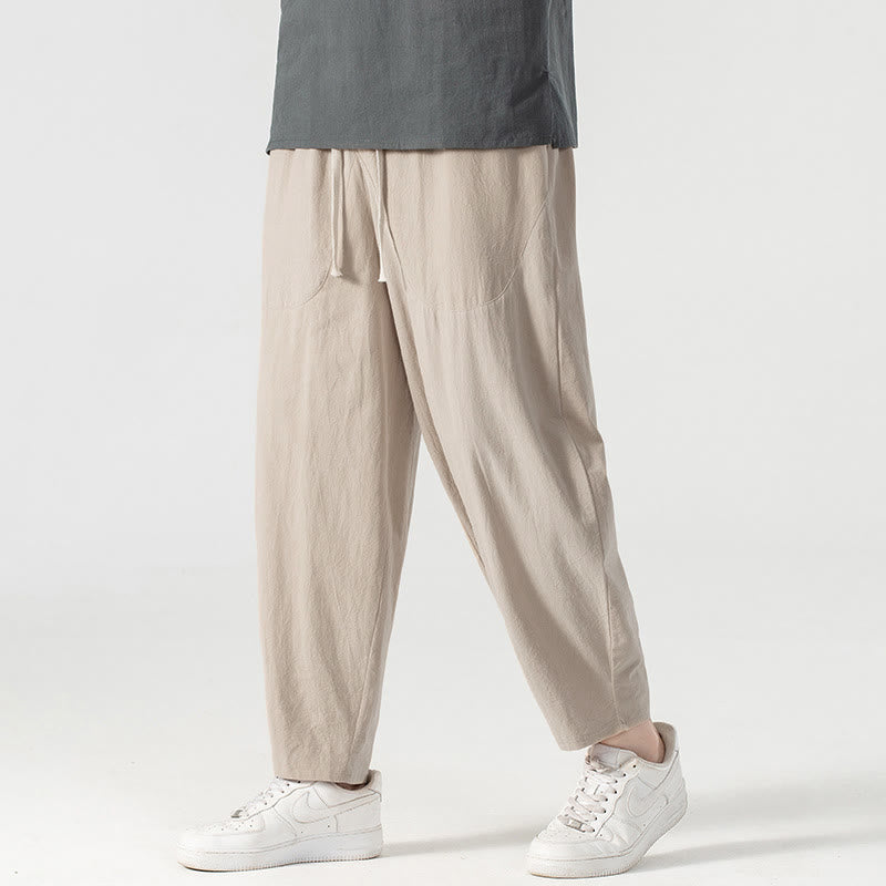 Buddha Stones Spring Fall Solid Color Drawstring Men's Ankle-Length Harem Pants With Pockets