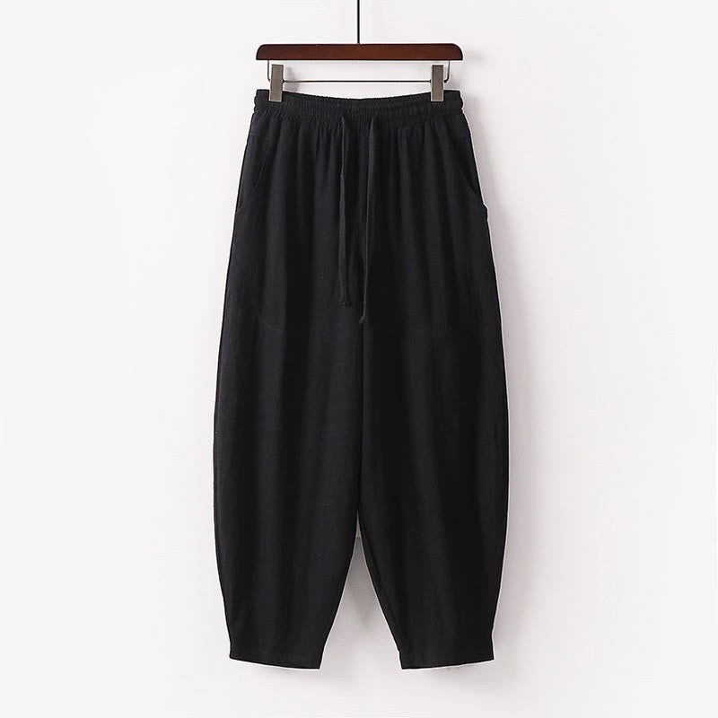 Buddha Stones Spring Fall Solid Color Drawstring Men's Ankle-Length Harem Pants With Pockets
