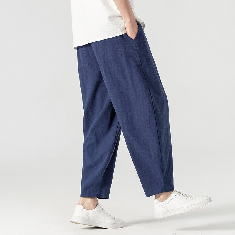 Buddha Stones Spring Fall Solid Color Drawstring Men's Ankle-Length Harem Pants With Pockets