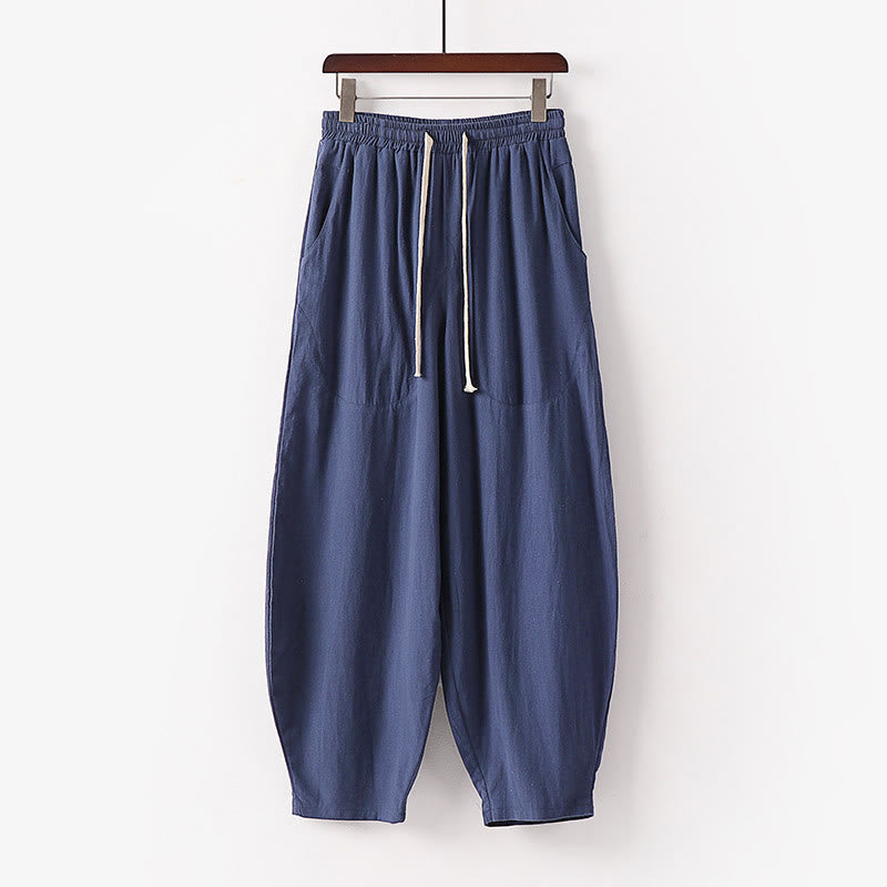 Buddha Stones Spring Fall Solid Color Drawstring Men's Ankle-Length Harem Pants With Pockets