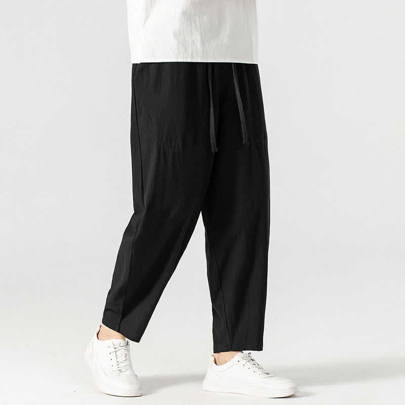 Buddha Stones Spring Fall Solid Color Drawstring Men's Ankle-Length Harem Pants With Pockets