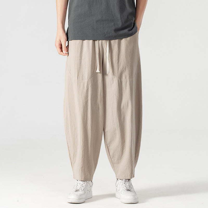 Buddha Stones Spring Fall Solid Color Drawstring Men's Ankle-Length Harem Pants With Pockets