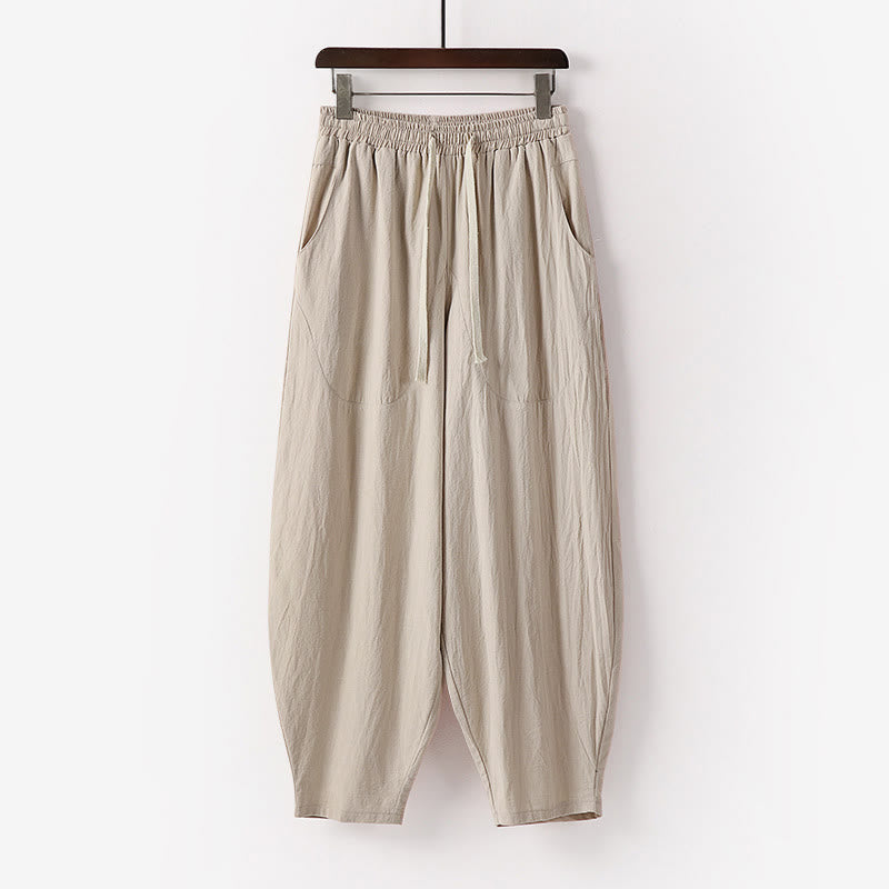 Buddha Stones Spring Fall Solid Color Drawstring Men's Ankle-Length Harem Pants With Pockets