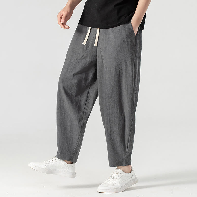 Buddha Stones Spring Fall Solid Color Drawstring Men's Ankle-Length Harem Pants With Pockets