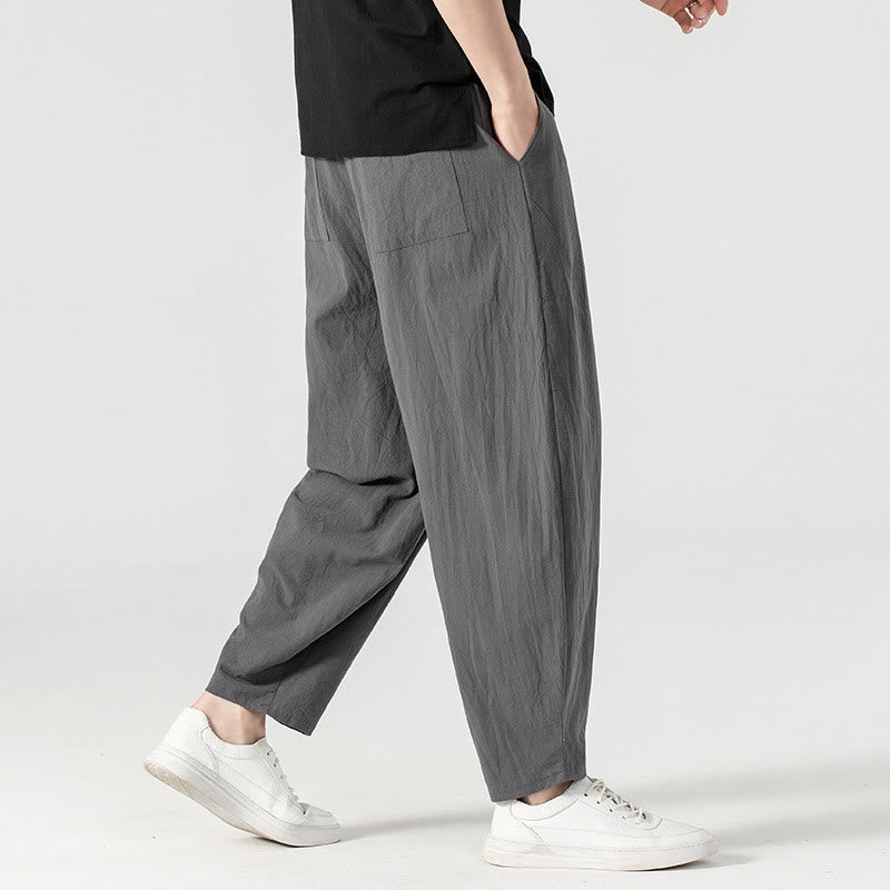 Buddha Stones Spring Fall Solid Color Drawstring Men's Ankle-Length Harem Pants With Pockets