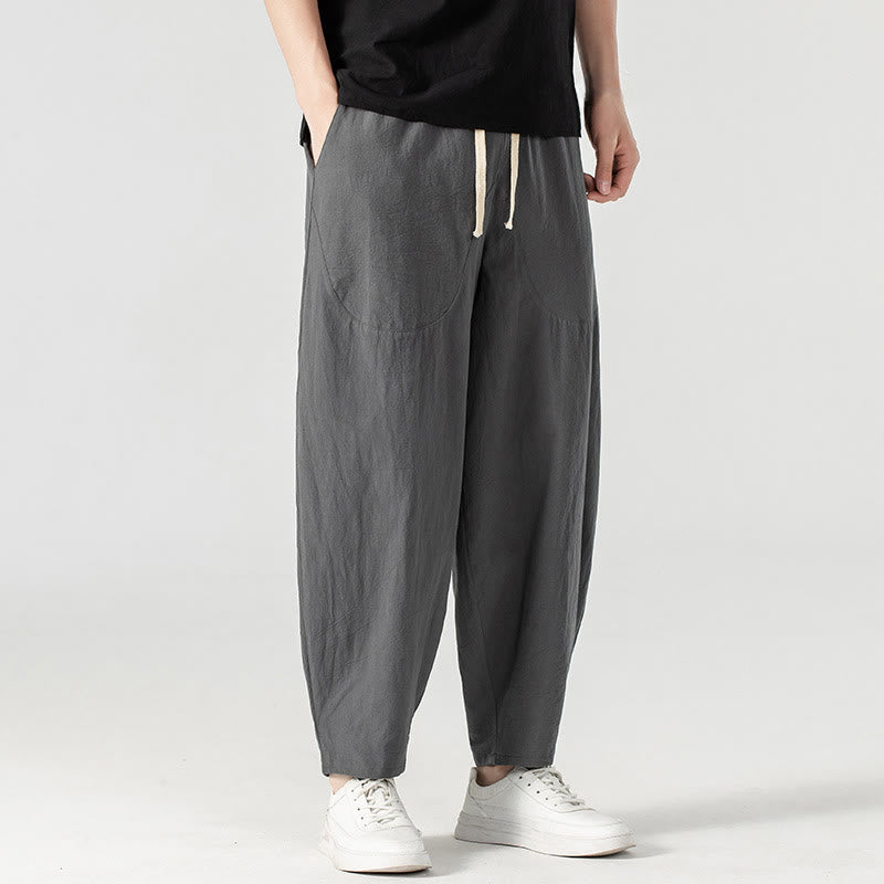 Buddha Stones Spring Fall Solid Color Drawstring Men's Ankle-Length Harem Pants With Pockets