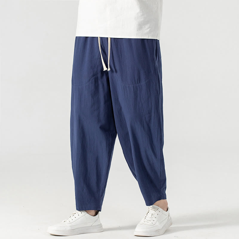 Buddha Stones Spring Fall Solid Color Drawstring Men's Ankle-Length Harem Pants With Pockets