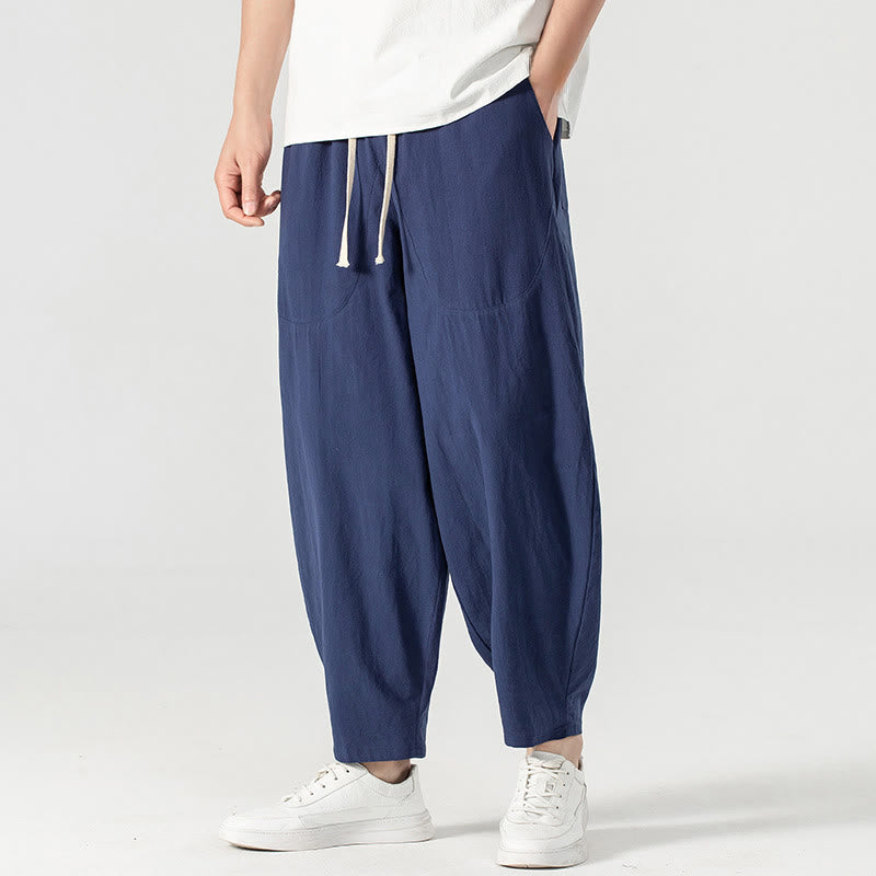 Buddha Stones Spring Fall Solid Color Drawstring Men's Ankle-Length Harem Pants With Pockets