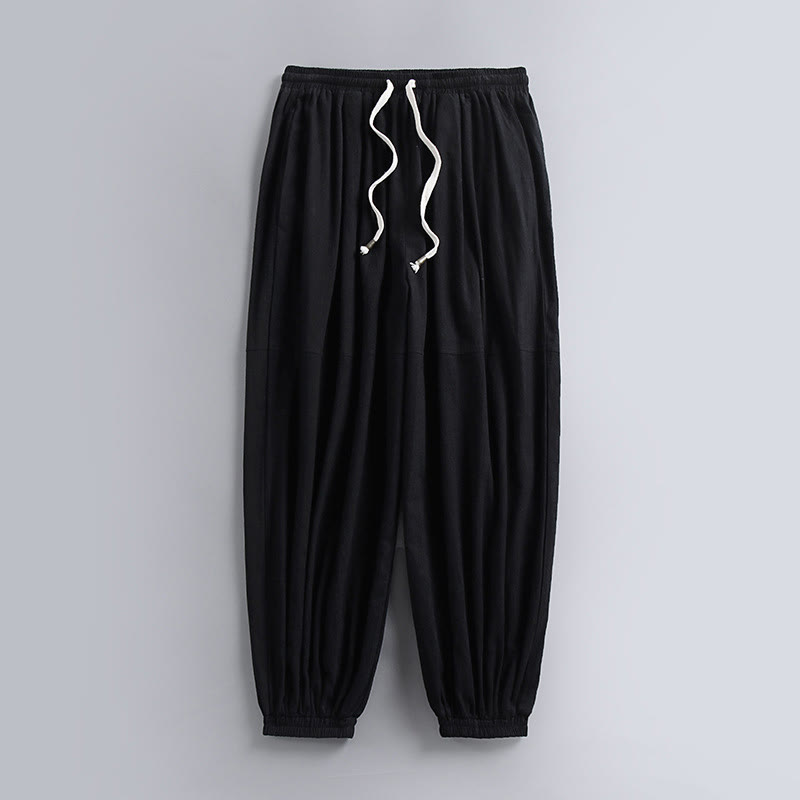 Buddha Stones Plain Drawstring Tapered Ankle-Length Men's Cotton Linen Pants With Pockets