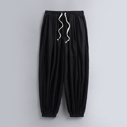 Buddha Stones Plain Drawstring Tapered Ankle-Length Men's Cotton Linen Pants With Pockets
