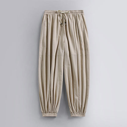 Buddha Stones Plain Drawstring Tapered Ankle-Length Men's Cotton Linen Pants With Pockets
