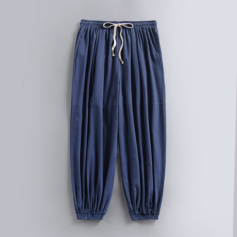 Buddha Stones Plain Drawstring Tapered Ankle-Length Men's Cotton Linen Pants With Pockets