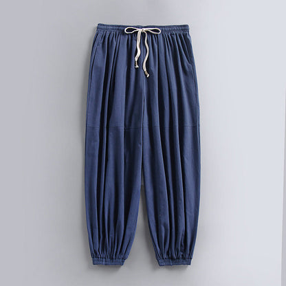 Buddha Stones Plain Drawstring Tapered Ankle-Length Men's Cotton Linen Pants With Pockets