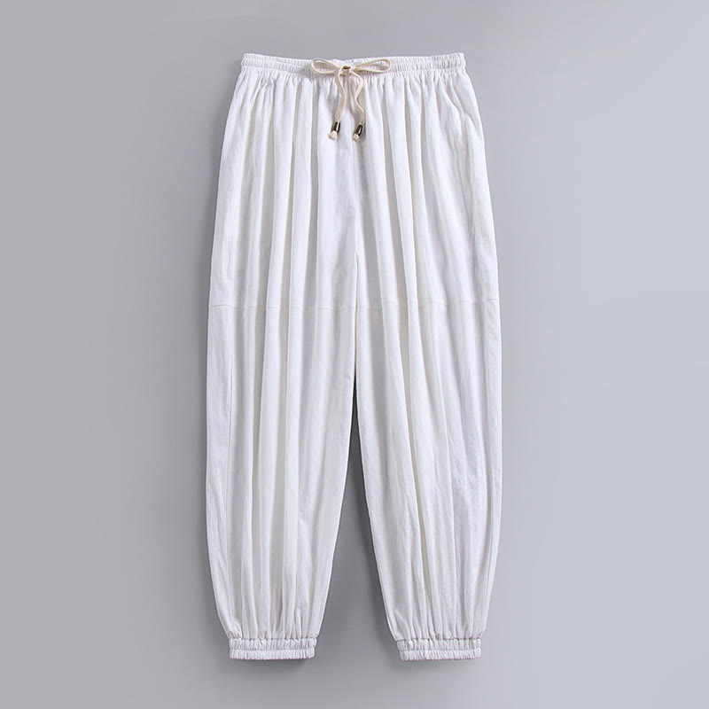 Buddha Stones Plain Drawstring Tapered Ankle-Length Men's Cotton Linen Pants With Pockets
