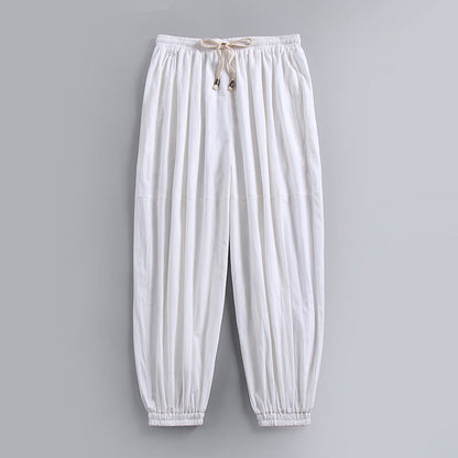 Buddha Stones Plain Drawstring Tapered Ankle-Length Men's Cotton Linen Pants With Pockets
