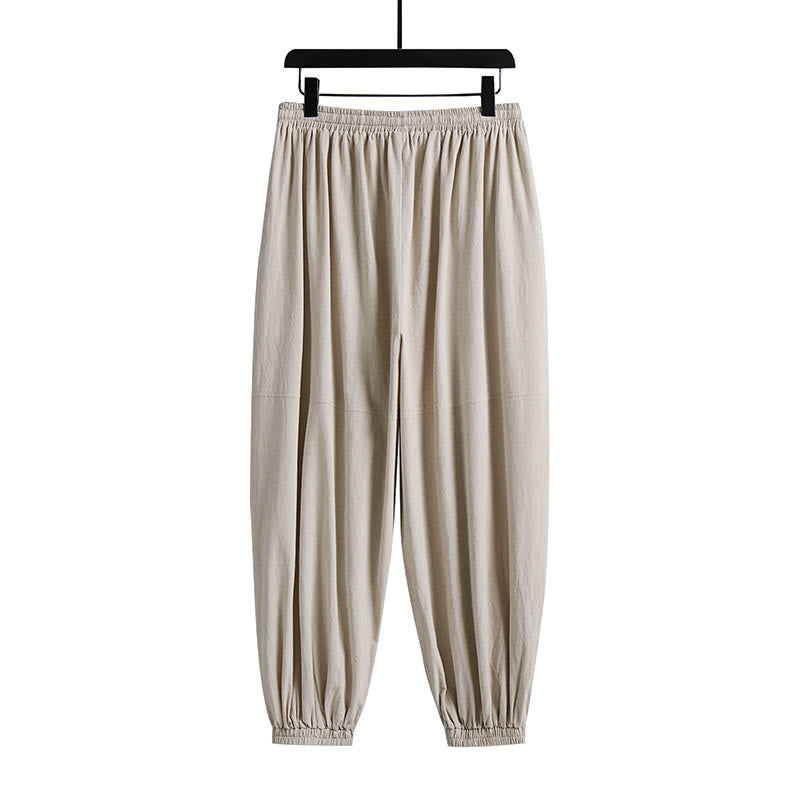 Buddha Stones Plain Drawstring Tapered Ankle-Length Men's Cotton Linen Pants With Pockets