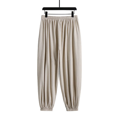 Buddha Stones Plain Drawstring Tapered Ankle-Length Men's Cotton Linen Pants With Pockets