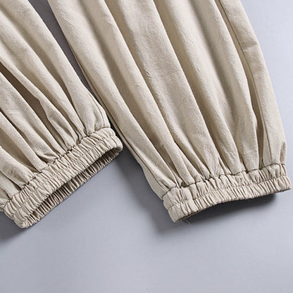 Buddha Stones Plain Drawstring Tapered Ankle-Length Men's Cotton Linen Pants With Pockets