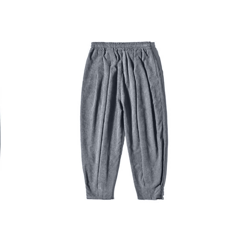 Buddha Stones Retro Men's Plain Fleece-Lined Corduroy Simple Design Harem Pants With Pockets