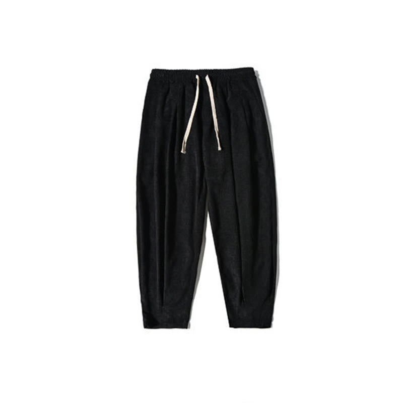 Buddha Stones Retro Men's Plain Fleece-Lined Corduroy Simple Design Harem Pants With Pockets