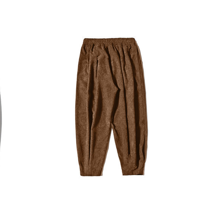 Buddha Stones Retro Men's Plain Fleece-Lined Corduroy Simple Design Harem Pants With Pockets