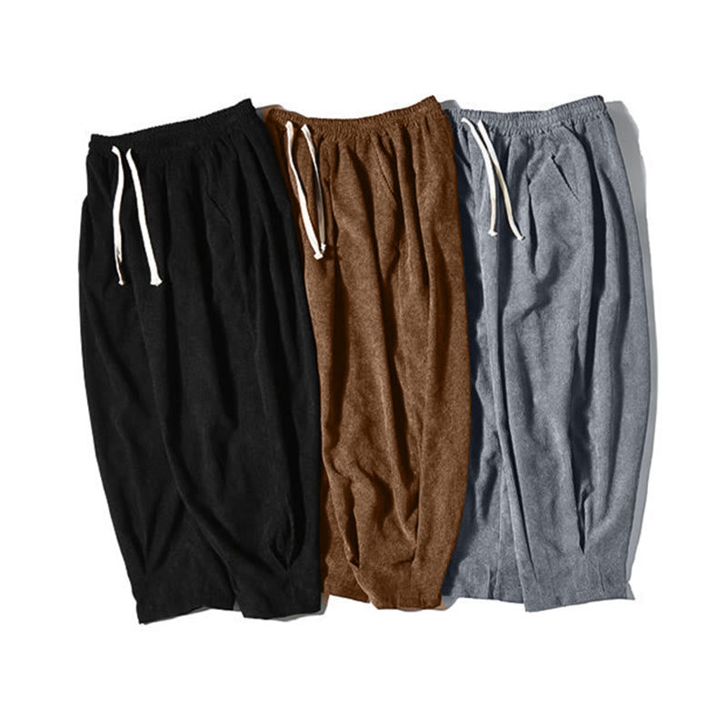 Buddha Stones Retro Men's Plain Fleece-Lined Corduroy Simple Design Harem Pants With Pockets