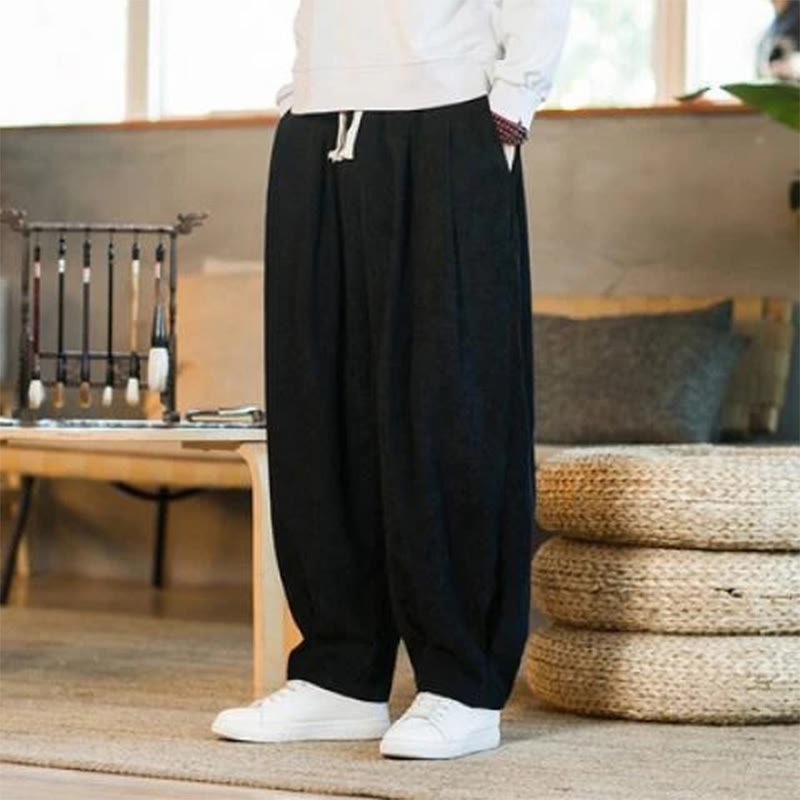 Buddha Stones Retro Men's Plain Fleece-Lined Corduroy Simple Design Harem Pants With Pockets