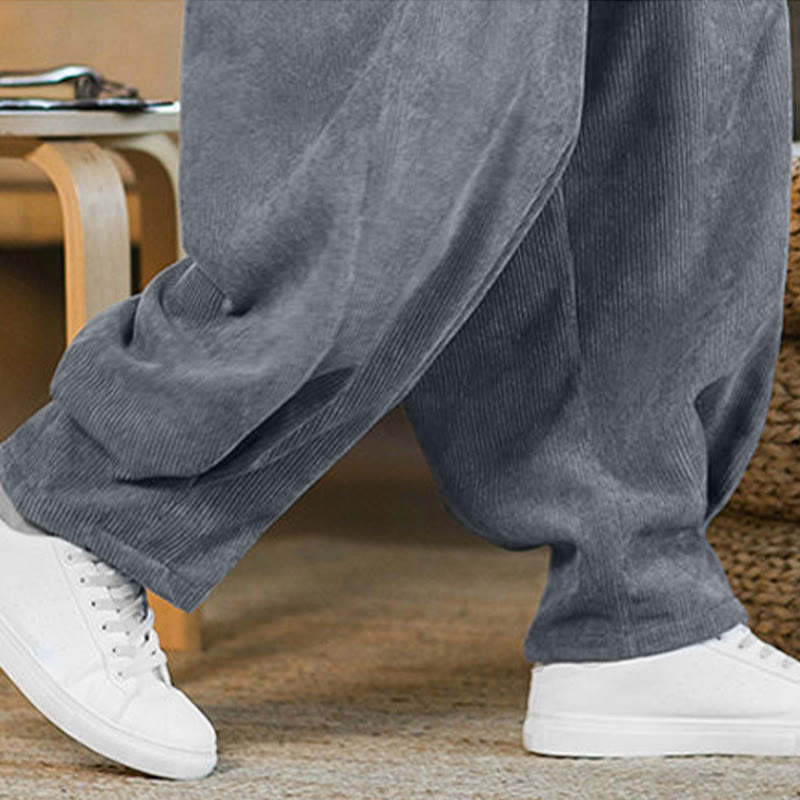 Buddha Stones Retro Men's Plain Fleece-Lined Corduroy Simple Design Harem Pants With Pockets