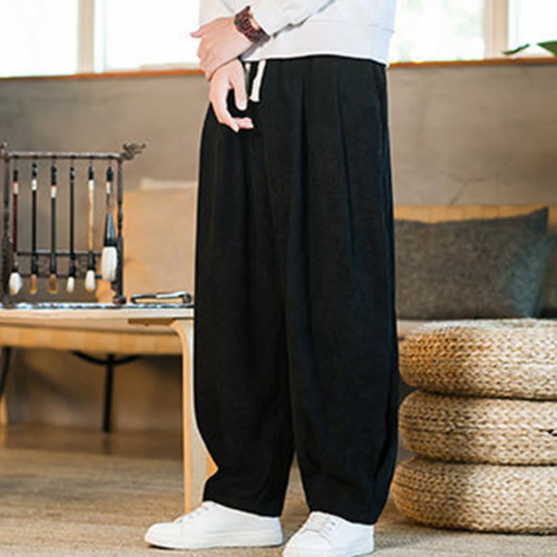 Buddha Stones Retro Men's Plain Fleece-Lined Corduroy Simple Design Harem Pants With Pockets