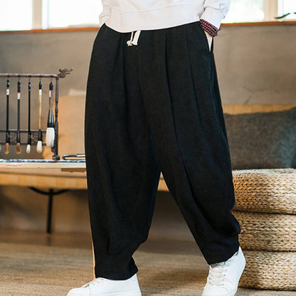 Buddha Stones Retro Men's Plain Fleece-Lined Corduroy Simple Design Harem Pants With Pockets