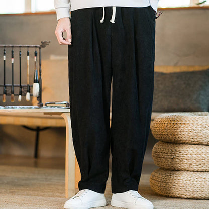 Buddha Stones Retro Men's Plain Fleece-Lined Corduroy Simple Design Harem Pants With Pockets