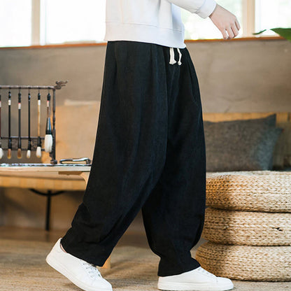 Buddha Stones Retro Men's Plain Fleece-Lined Corduroy Simple Design Harem Pants With Pockets