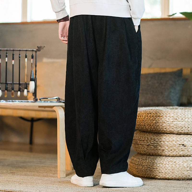 Buddha Stones Retro Men's Plain Fleece-Lined Corduroy Simple Design Harem Pants With Pockets