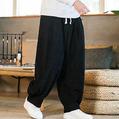 Buddha Stones Retro Men's Plain Fleece-Lined Corduroy Simple Design Harem Pants With Pockets