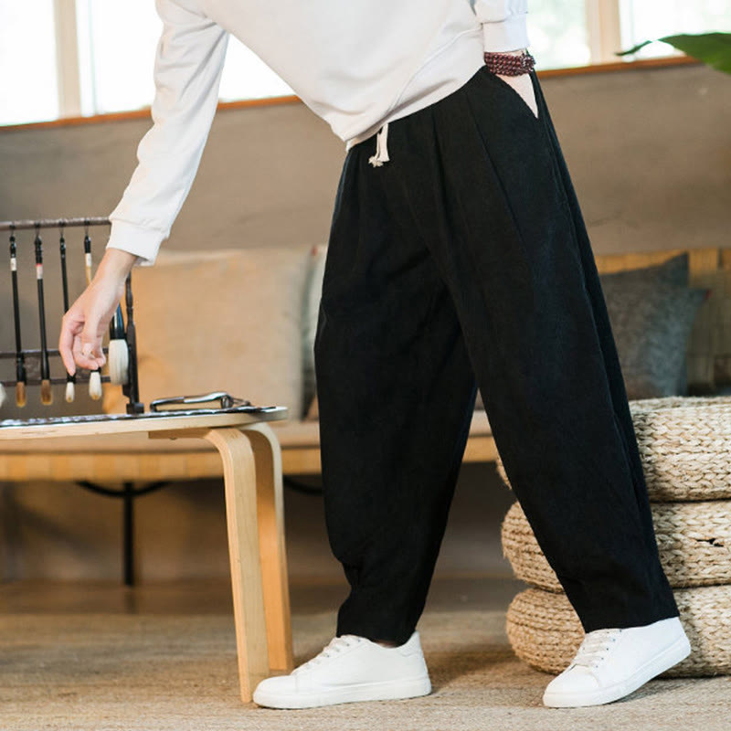 Buddha Stones Retro Men's Plain Fleece-Lined Corduroy Simple Design Harem Pants With Pockets