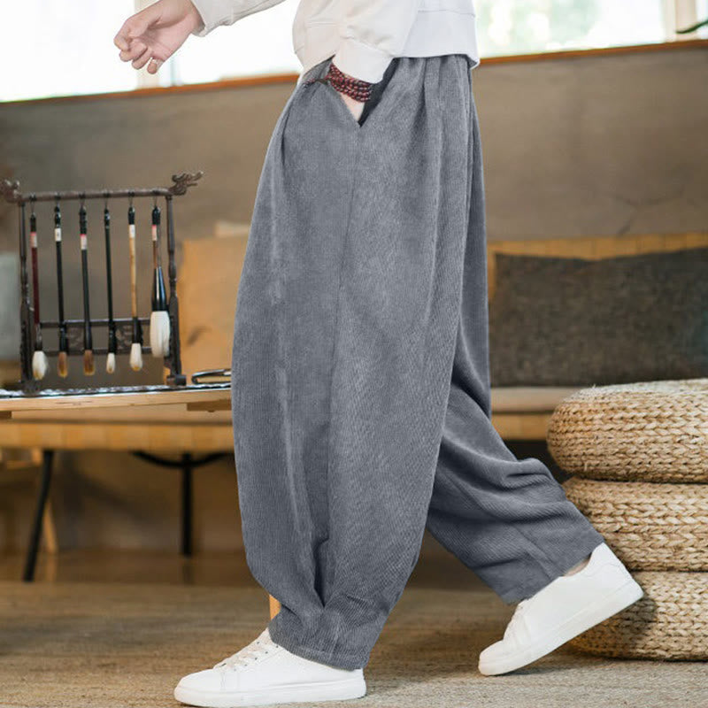Buddha Stones Retro Men's Plain Fleece-Lined Corduroy Simple Design Harem Pants With Pockets