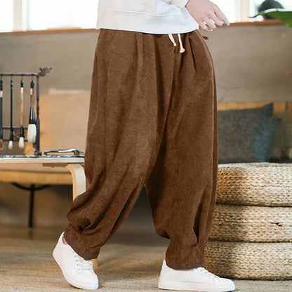 Buddha Stones Retro Men's Plain Fleece-Lined Corduroy Simple Design Harem Pants With Pockets