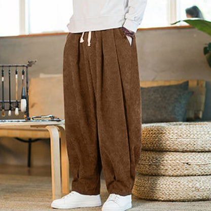 Buddha Stones Retro Men's Plain Fleece-Lined Corduroy Simple Design Harem Pants With Pockets