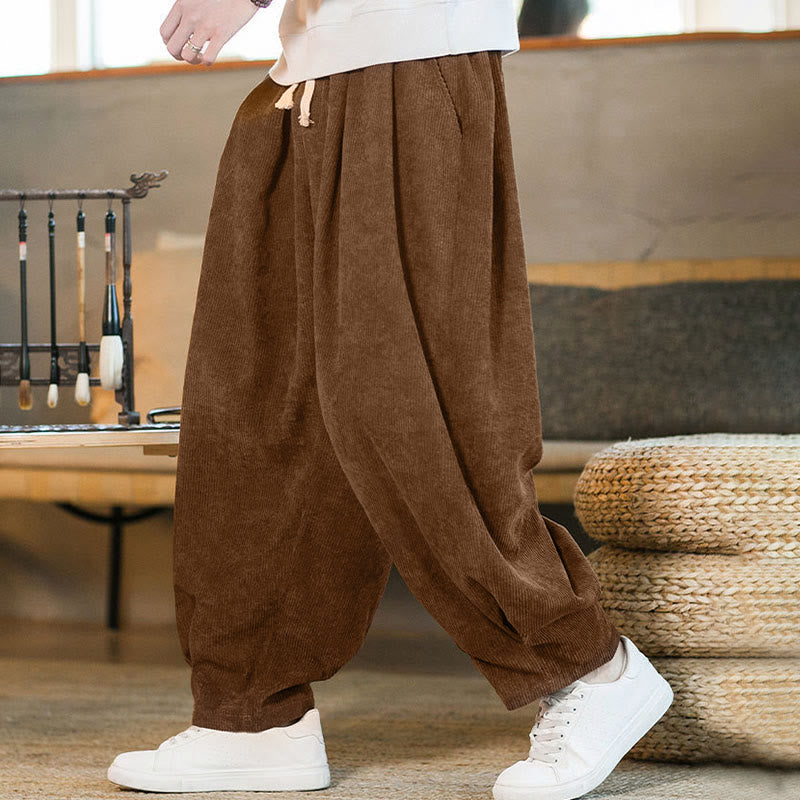 Buddha Stones Retro Men's Plain Fleece-Lined Corduroy Simple Design Harem Pants With Pockets