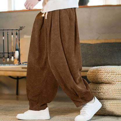 Buddha Stones Retro Men's Plain Fleece-Lined Corduroy Simple Design Harem Pants With Pockets