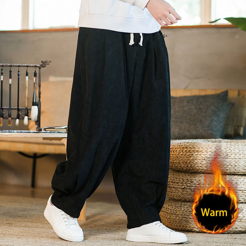 Buddha Stones Retro Men's Plain Fleece-Lined Corduroy Simple Design Harem Pants With Pockets