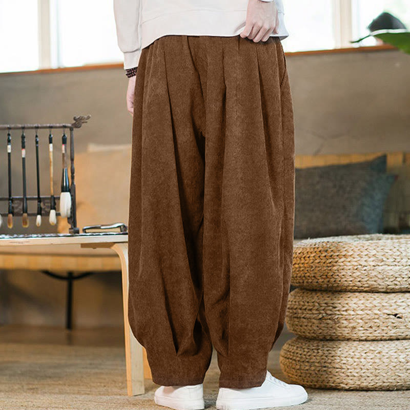 Buddha Stones Retro Men's Plain Fleece-Lined Corduroy Simple Design Harem Pants With Pockets