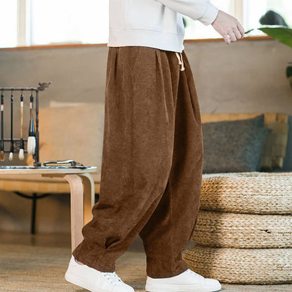 Buddha Stones Retro Men's Plain Fleece-Lined Corduroy Simple Design Harem Pants With Pockets
