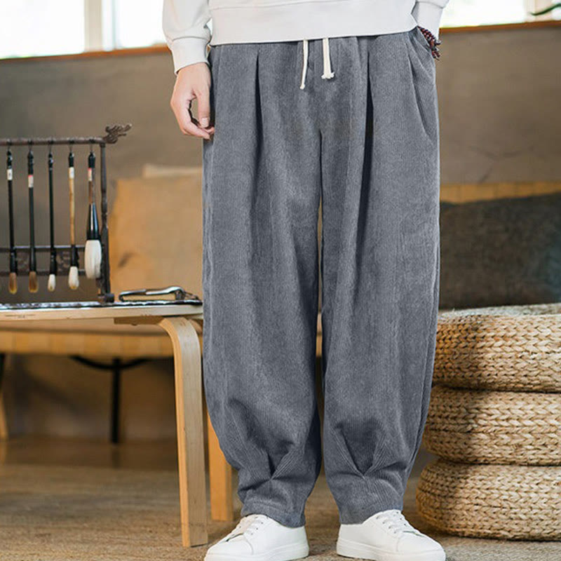 Buddha Stones Retro Men's Plain Fleece-Lined Corduroy Simple Design Harem Pants With Pockets