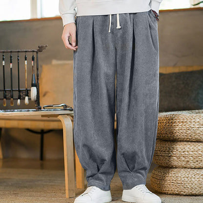 Buddha Stones Retro Men's Plain Fleece-Lined Corduroy Simple Design Harem Pants With Pockets