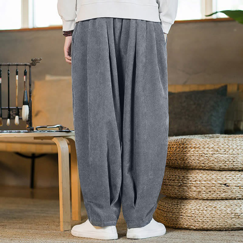 Buddha Stones Retro Men's Plain Fleece-Lined Corduroy Simple Design Harem Pants With Pockets