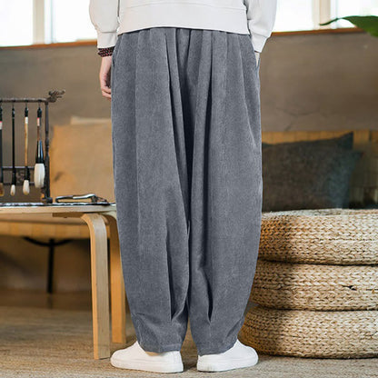 Buddha Stones Retro Men's Plain Fleece-Lined Corduroy Simple Design Harem Pants With Pockets