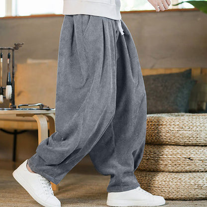 Buddha Stones Retro Men's Plain Fleece-Lined Corduroy Simple Design Harem Pants With Pockets