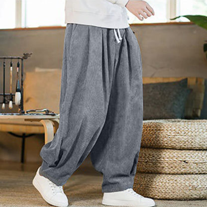 Buddha Stones Retro Men's Plain Fleece-Lined Corduroy Simple Design Harem Pants With Pockets