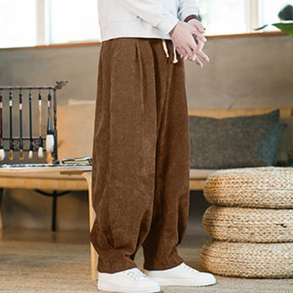 Buddha Stones Retro Men's Plain Fleece-Lined Corduroy Simple Design Harem Pants With Pockets